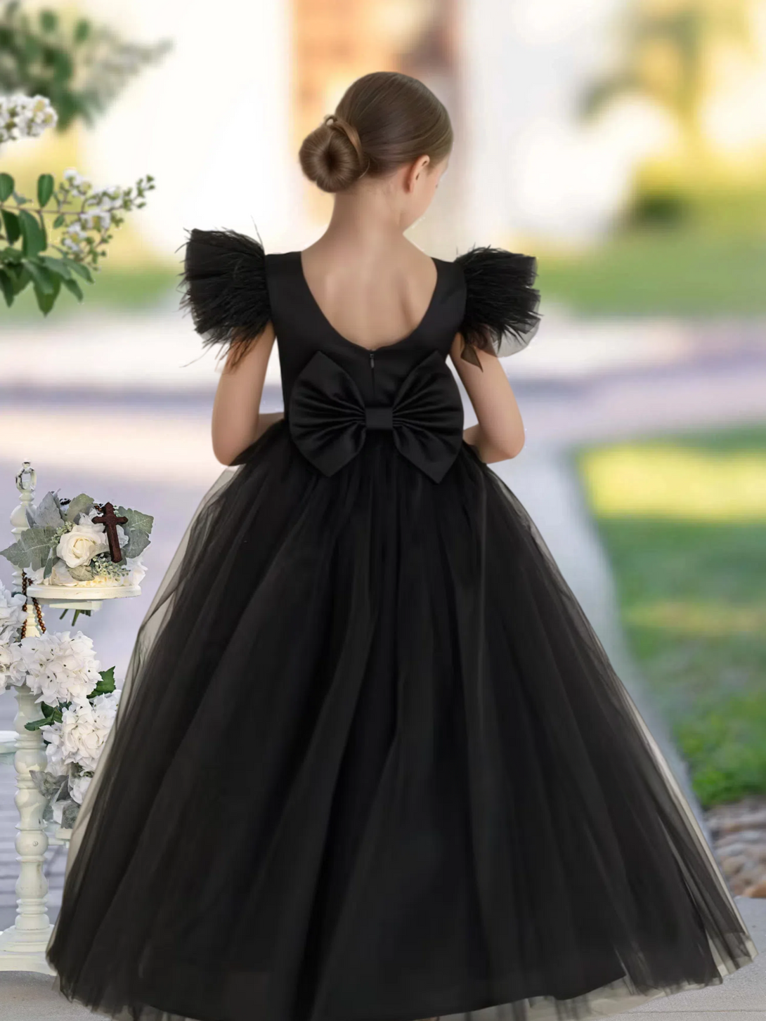Scoop Neck Flutter Straps Floor-Length Satin/Tulle Girls Birthday Dresses With Bow Gidiondress
