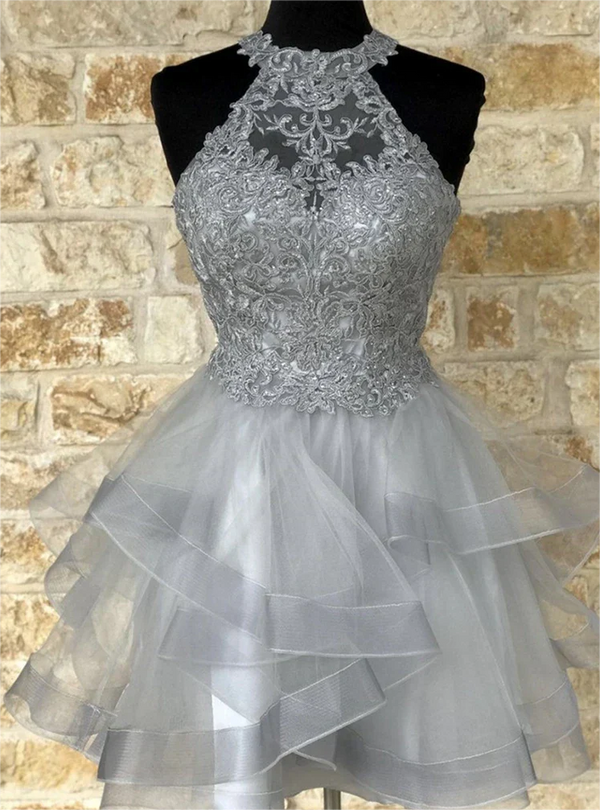 A-line Halter Neck Short Lace Formal Homecoming Dresses BabaMila