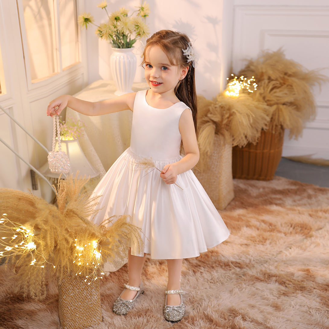 Princess Boat Neck Sleeveless Satin Ivory Knee-Length Flower Girl Dresses/Party Dresses With Bow Girls Gidiondress
