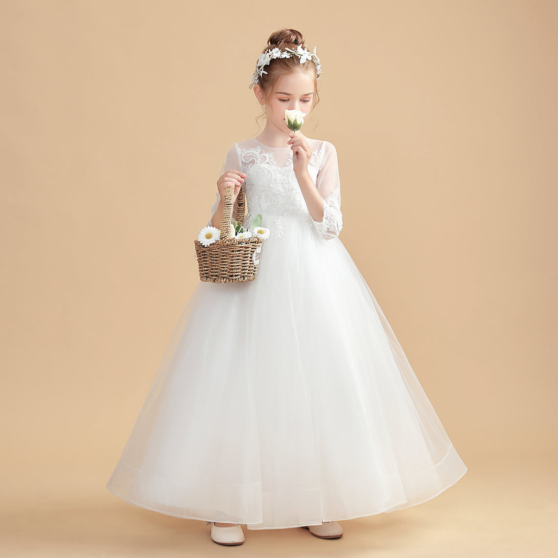 Princess 3/4 Sleeve Scoop Neck Floor-Length Tulle/Lace Flower Girl Dresses/First Communion Dress With Appliques Gidiondress