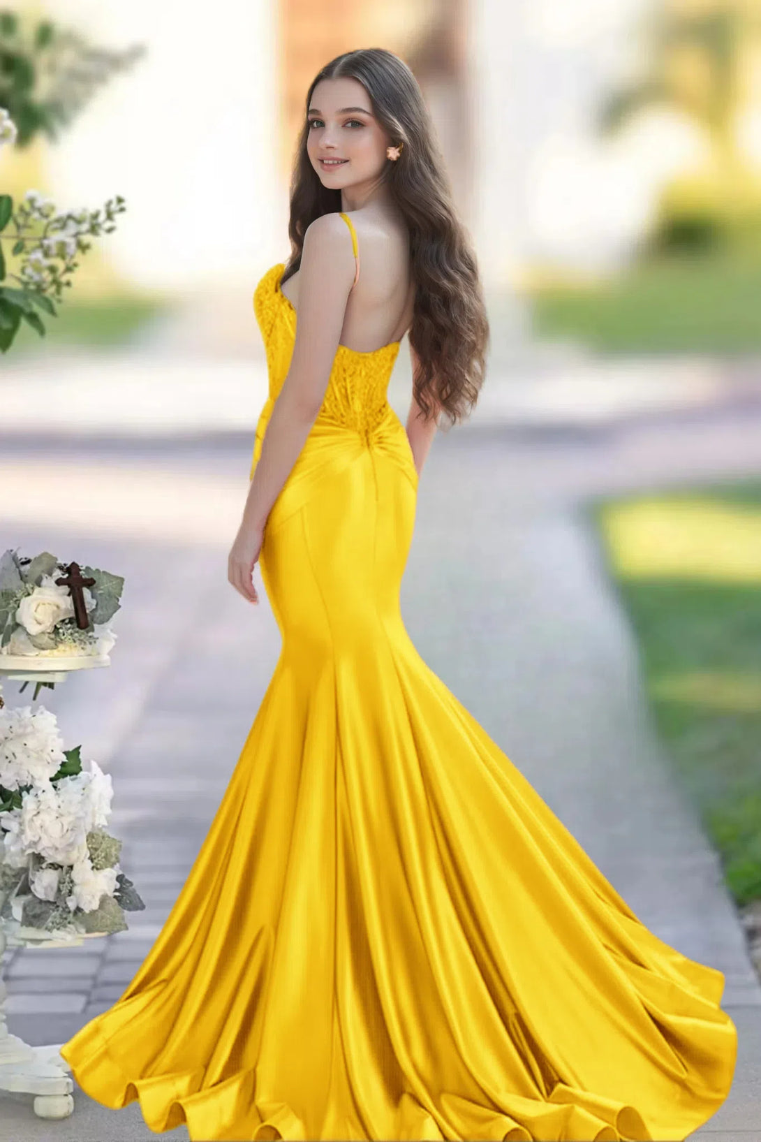 Sheath/Column Sweetheart Neck Sleeveless Sweep Train Satin Prom Dress BabaMila