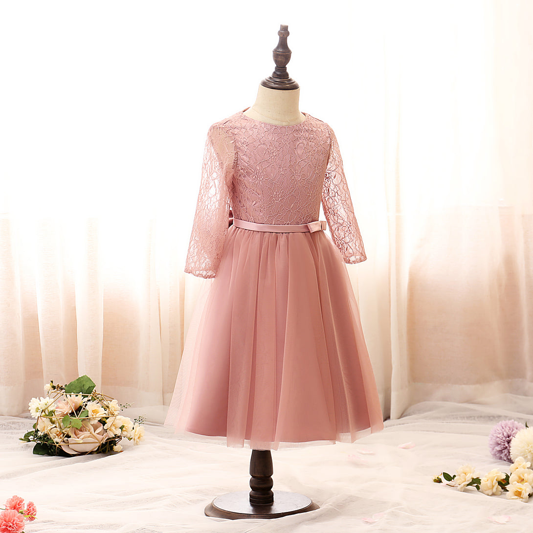 Boat Neck Long Sleeve Knee-Length Tulle/Satin/Lace Girls Birthday Dresses With Bow/Belt Gidiondress