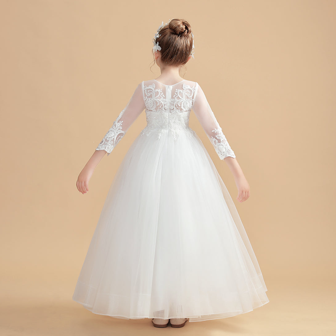 Princess 3/4 Sleeve Scoop Neck Floor-Length Tulle/Lace Flower Girl Dresses/First Communion Dress With Appliques Gidiondress
