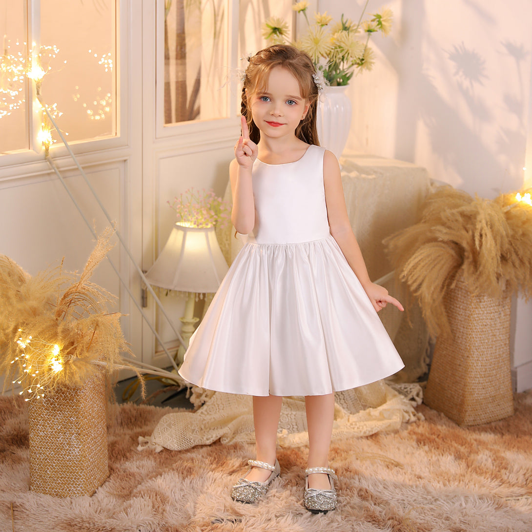 Princess Boat Neck Sleeveless Satin Ivory Knee-Length Flower Girl Dresses/Party Dresses With Bow Girls Gidiondress Ivory 12M