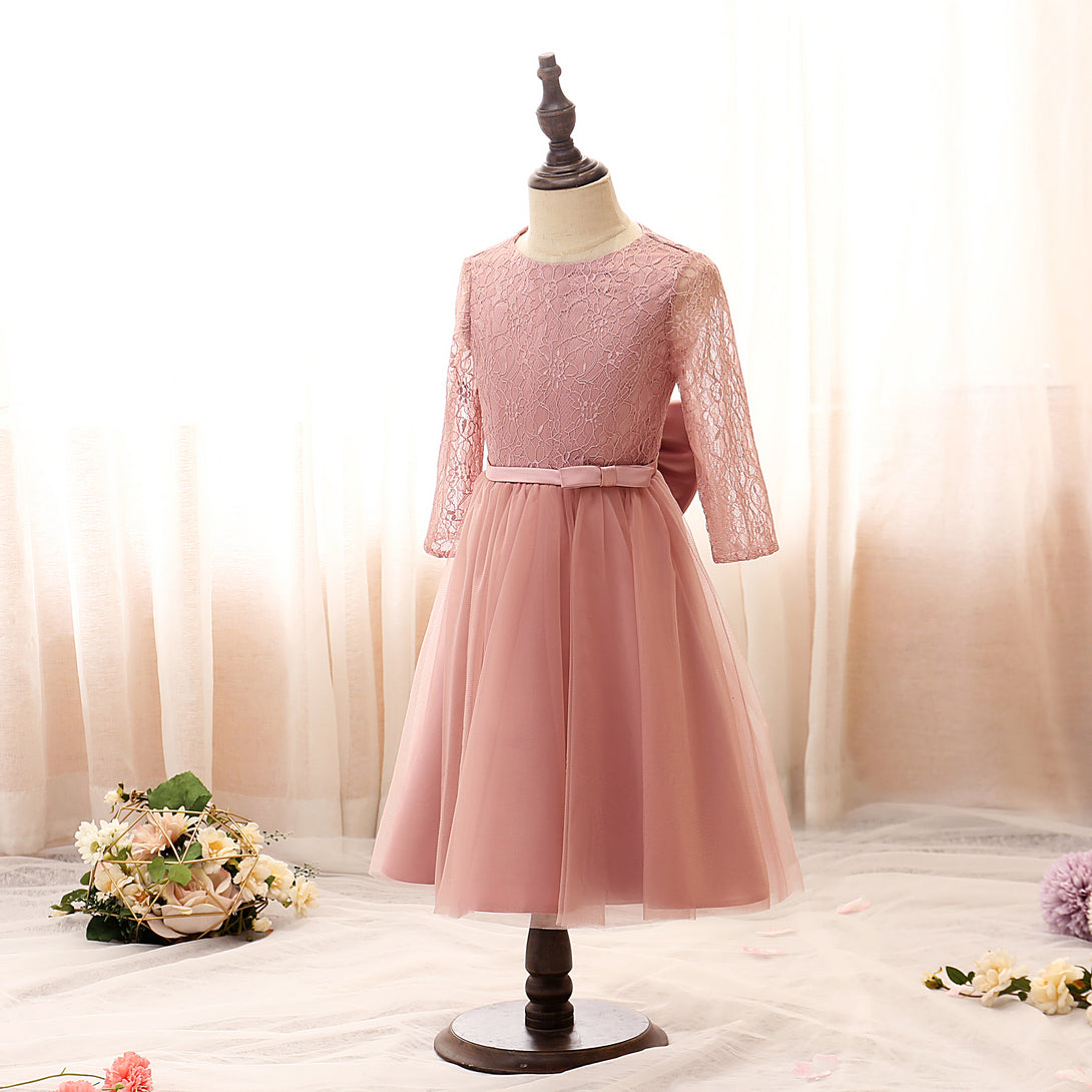 Boat Neck Long Sleeve Knee-Length Tulle/Satin/Lace Girls Birthday Dresses With Bow/Belt Gidiondress