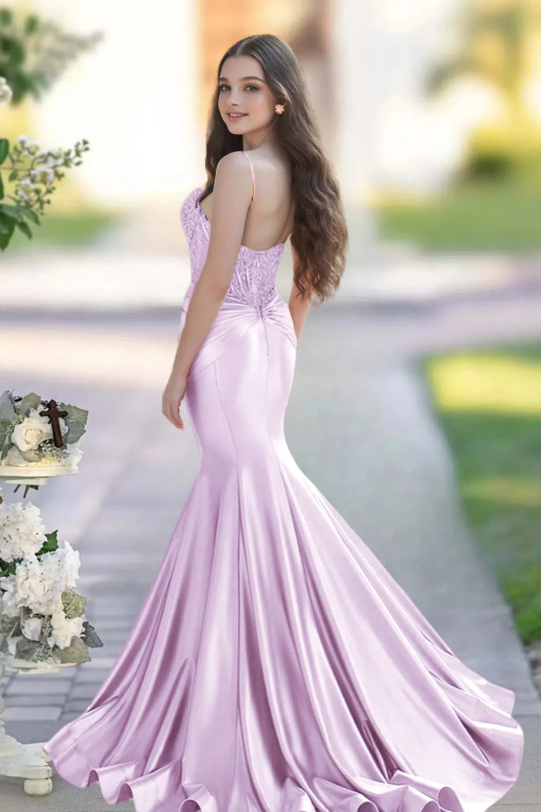 Sheath/Column Sweetheart Neck Sleeveless Sweep Train Satin Prom Dress BabaMila