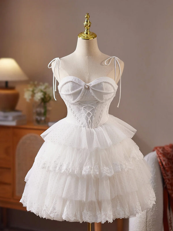 Mini Sweetheart Neck Tulle Lace White Short Prom Dress, White Homecoming Dress Homecoming Dress BabaMila
