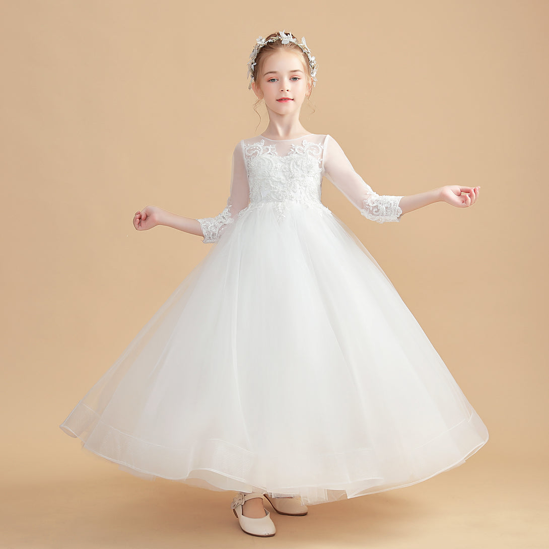 Princess 3/4 Sleeve Scoop Neck Floor-Length Tulle/Lace Flower Girl Dresses/First Communion Dress With Appliques Gidiondress