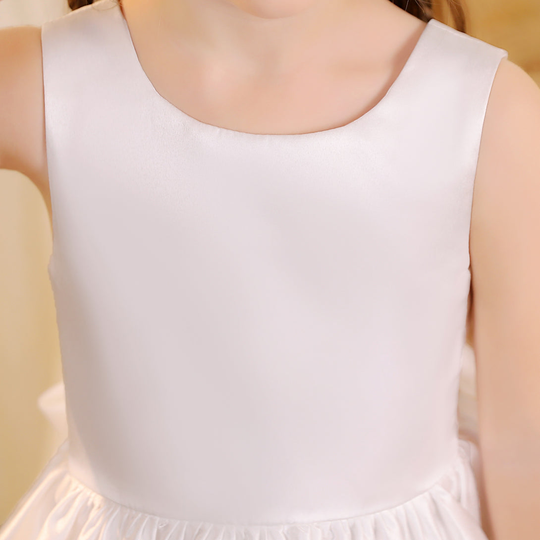 Princess Boat Neck Sleeveless Satin Ivory Knee-Length Flower Girl Dresses/Party Dresses With Bow Girls Gidiondress