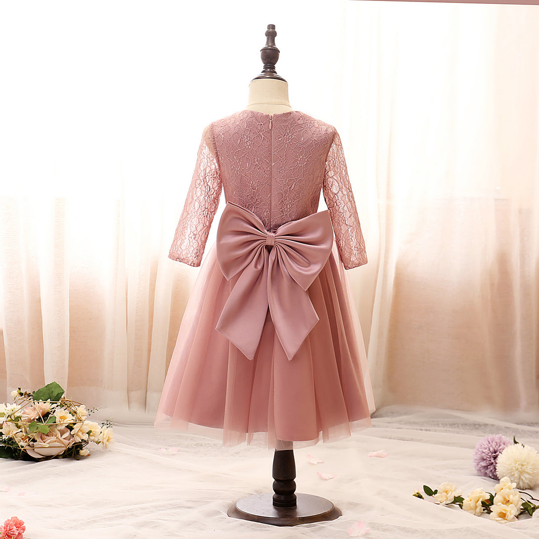 Boat Neck Long Sleeve Knee-Length Tulle/Satin/Lace Girls Birthday Dresses With Bow/Belt Gidiondress