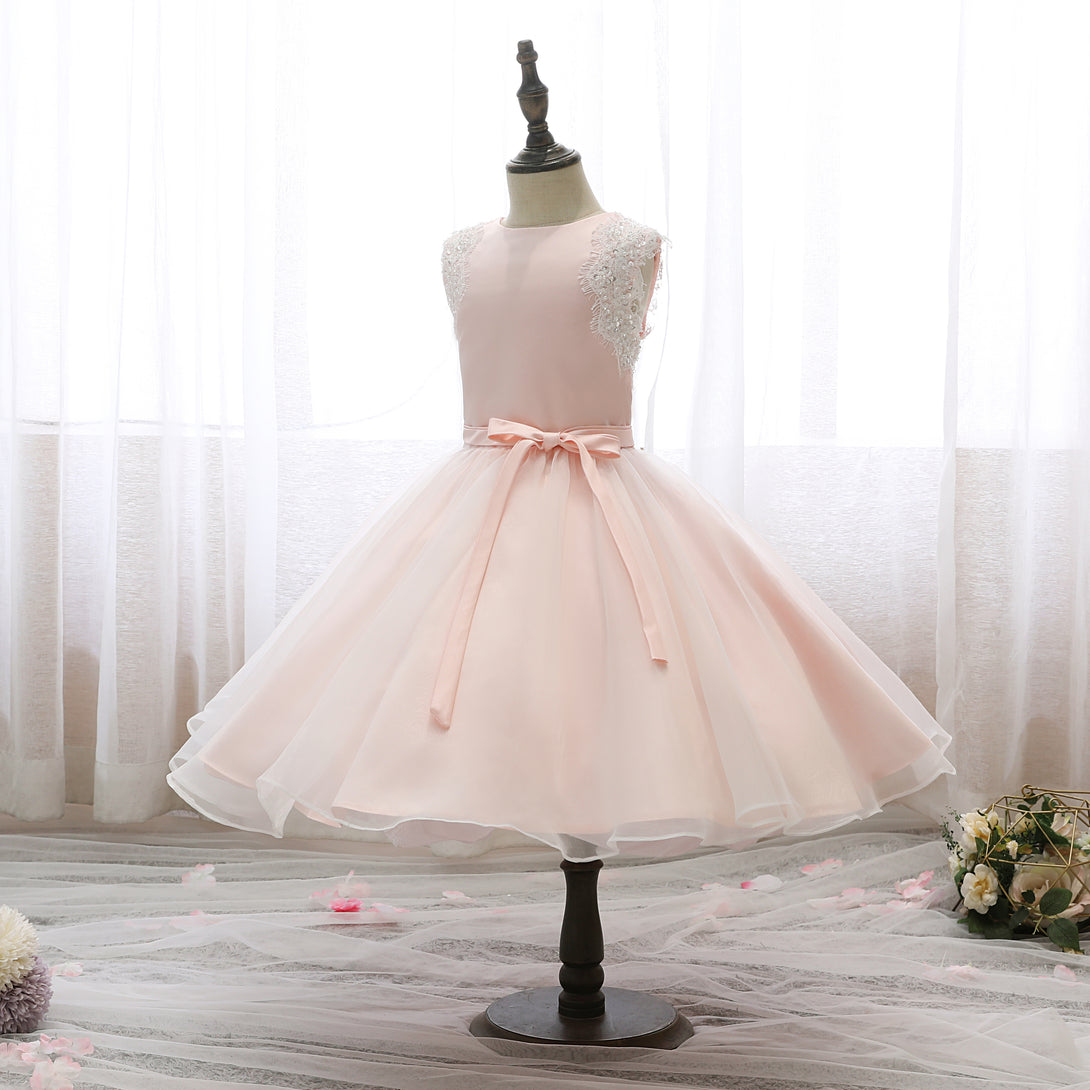 Boat Neck Sleeveless Knee-Length Lace/Satin/Tulle Girls Birthday Dresses With Appliques/Belt Gidiondress