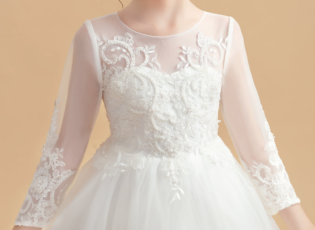 Princess 3/4 Sleeve Scoop Neck Floor-Length Tulle/Lace Flower Girl Dresses/First Communion Dress With Appliques Gidiondress