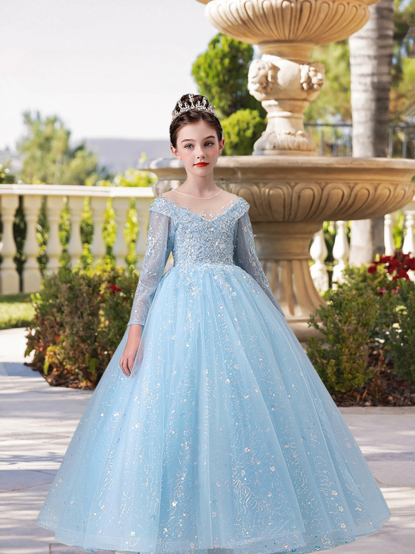 Boat Neck Long Sleeve Floor-Length Lace/Tulle/Sequins Ball Gown/Princess With Appliques Gidiondress