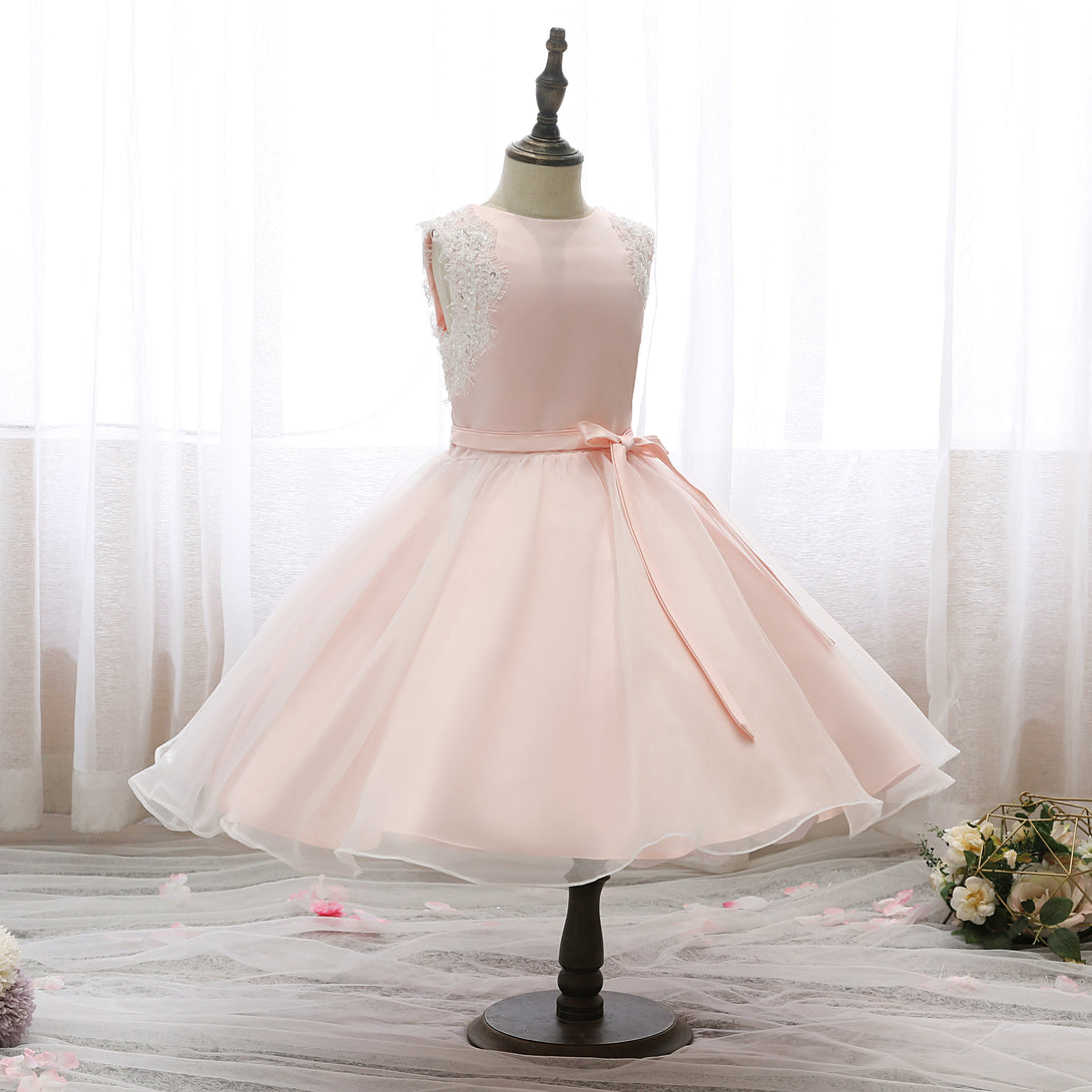 Boat Neck Sleeveless Knee-Length Lace/Satin/Tulle Girls Birthday Dresses With Appliques/Belt Gidiondress