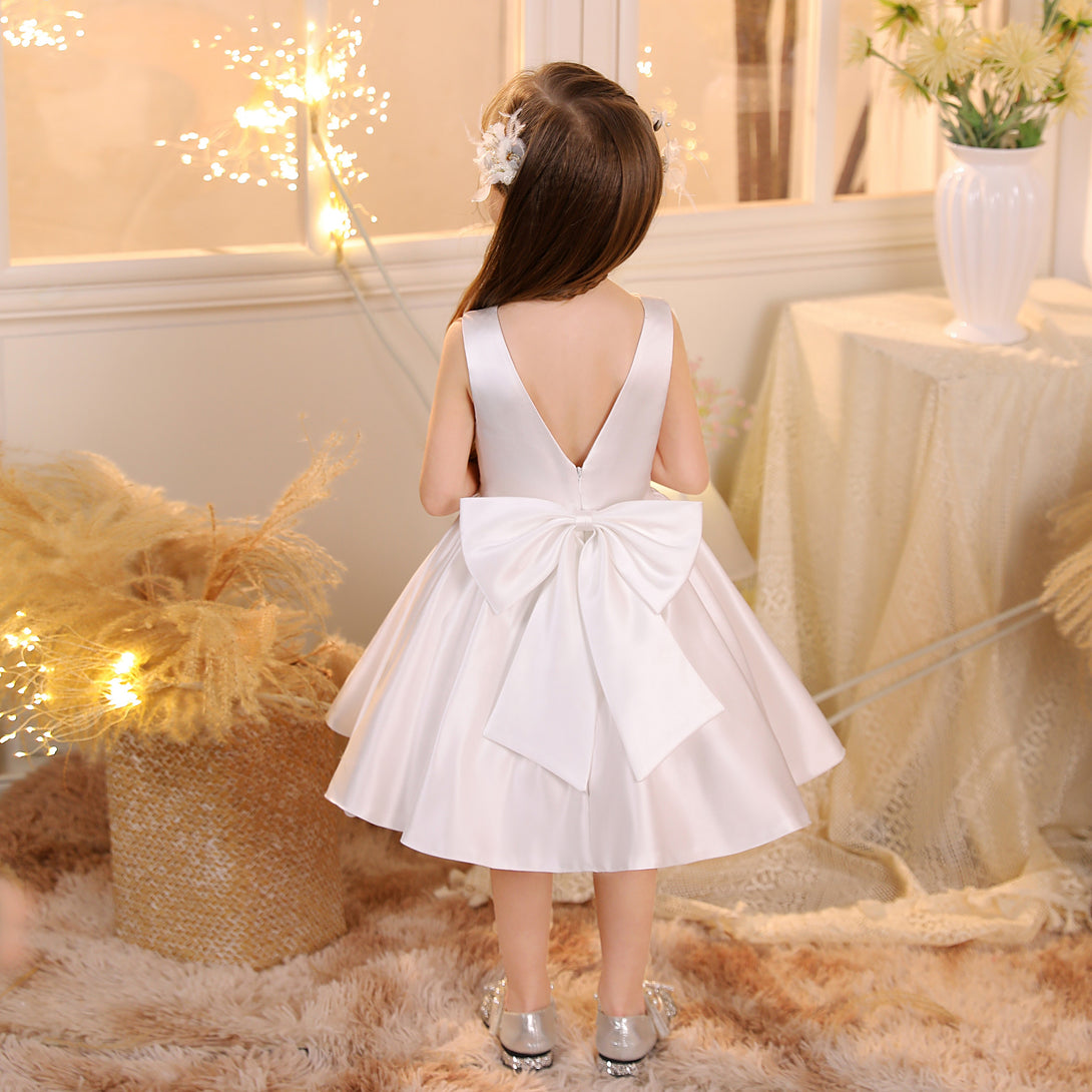 Princess Boat Neck Sleeveless Satin Ivory Knee-Length Flower Girl Dresses/Party Dresses With Bow Girls Gidiondress