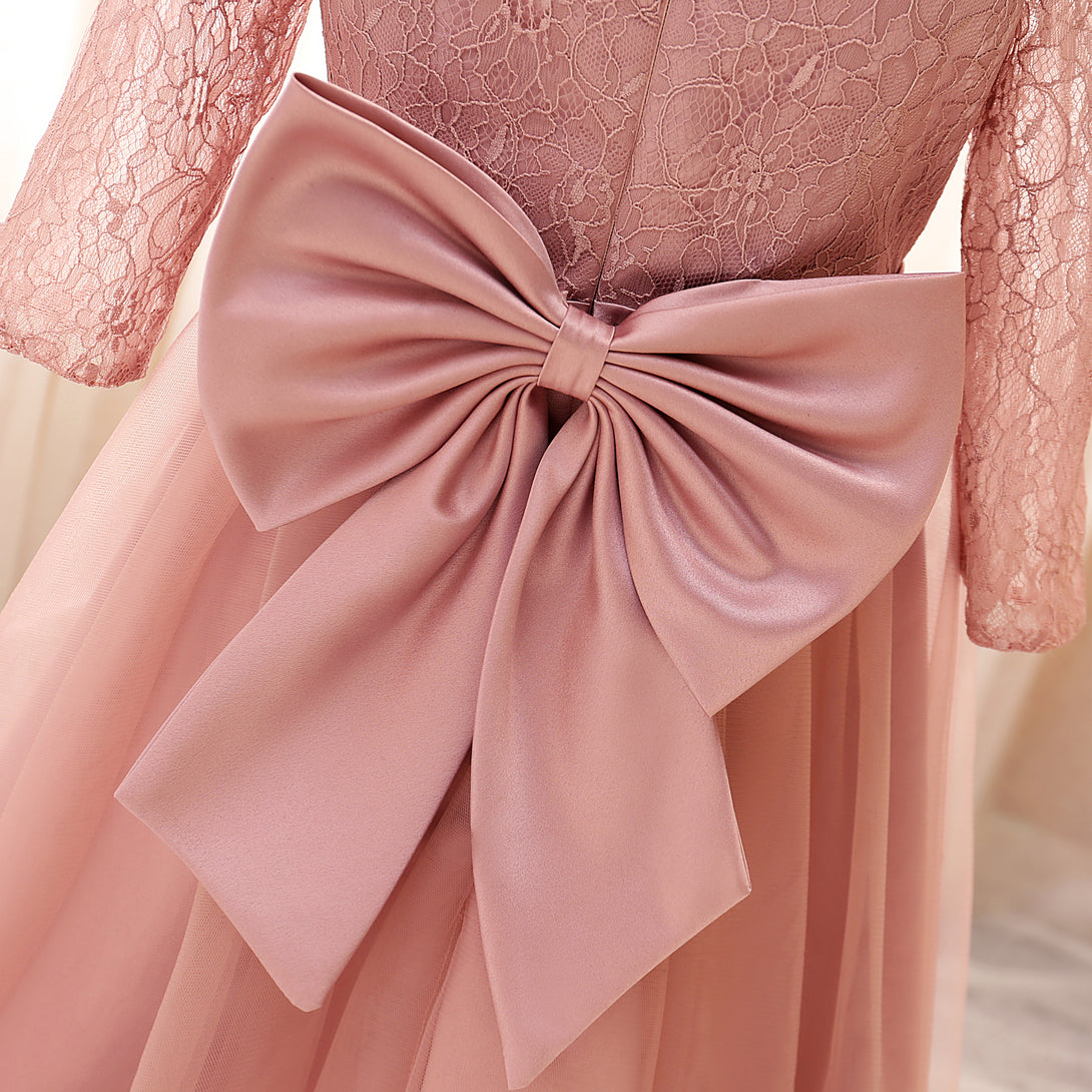 Boat Neck Long Sleeve Knee-Length Tulle/Satin/Lace Girls Birthday Dresses With Bow/Belt Gidiondress