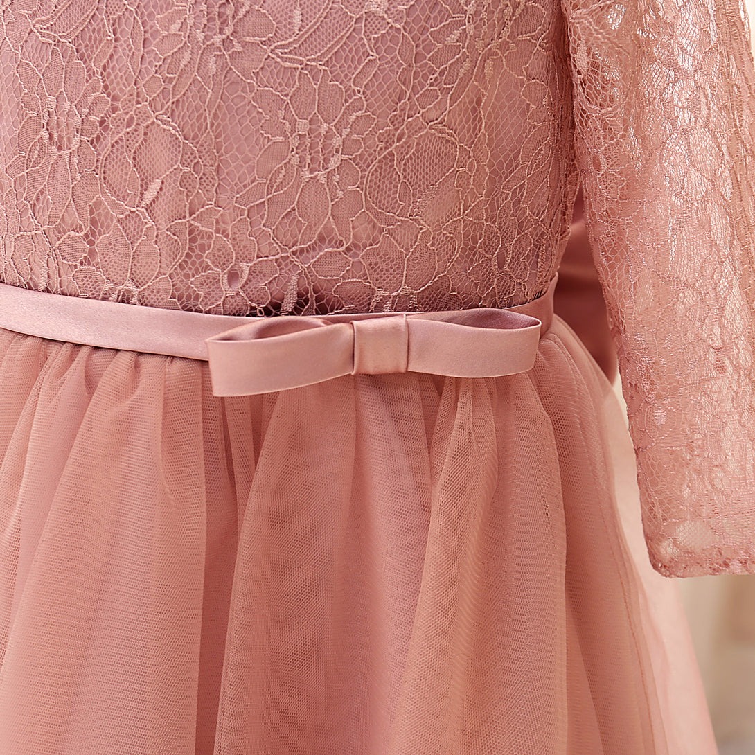 Boat Neck Long Sleeve Knee-Length Tulle/Satin/Lace Girls Birthday Dresses With Bow/Belt Gidiondress