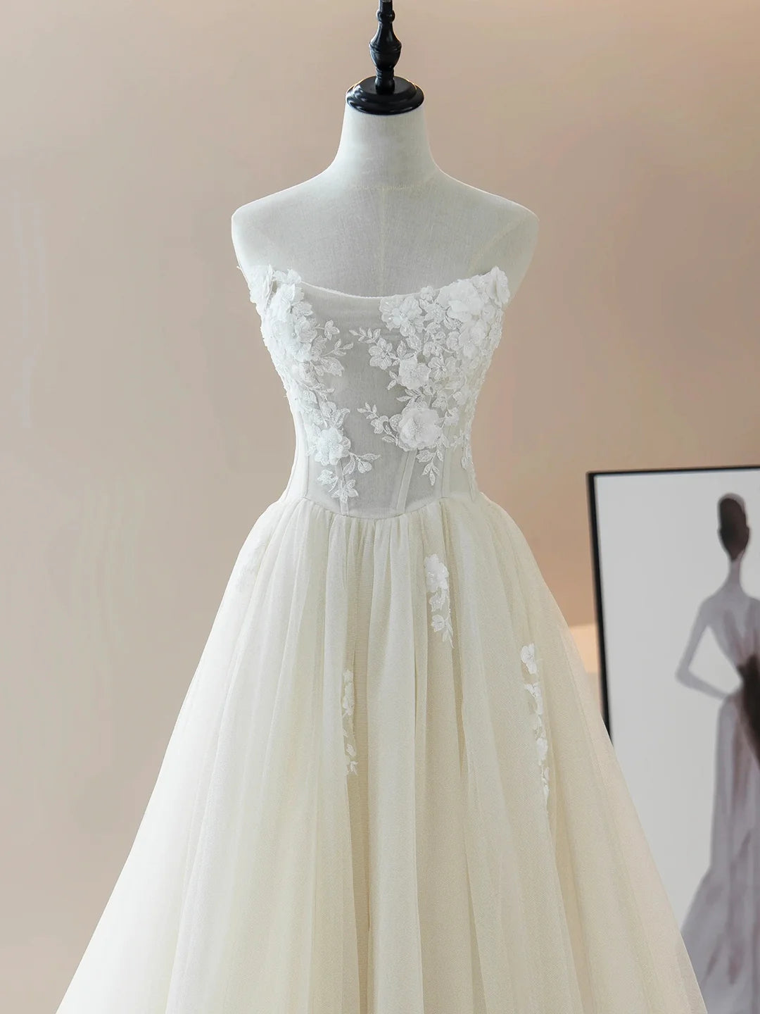 Floral Lace Strapless Wedding Gown With Train BabaMila