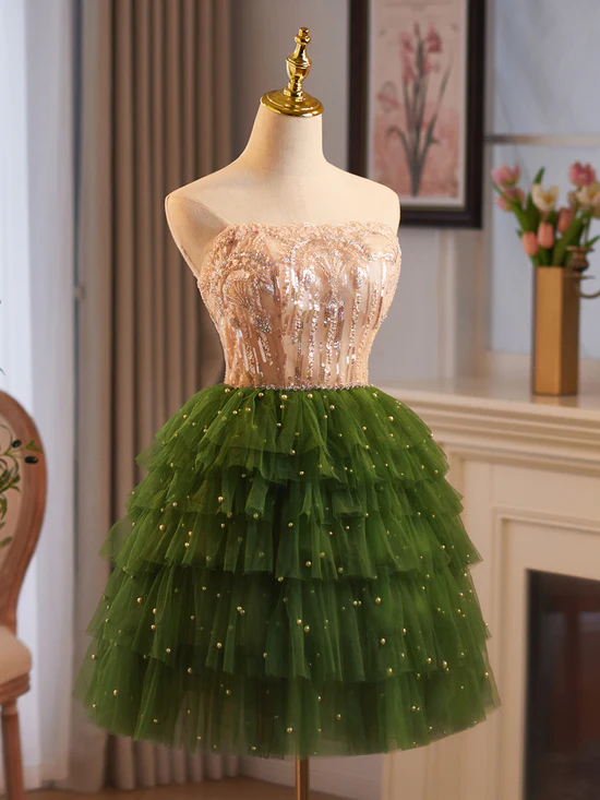 Champagne/Green Tulle Lace Short Prom Dress, Cute Homecoming Dress Homecoming Dress BabaMila
