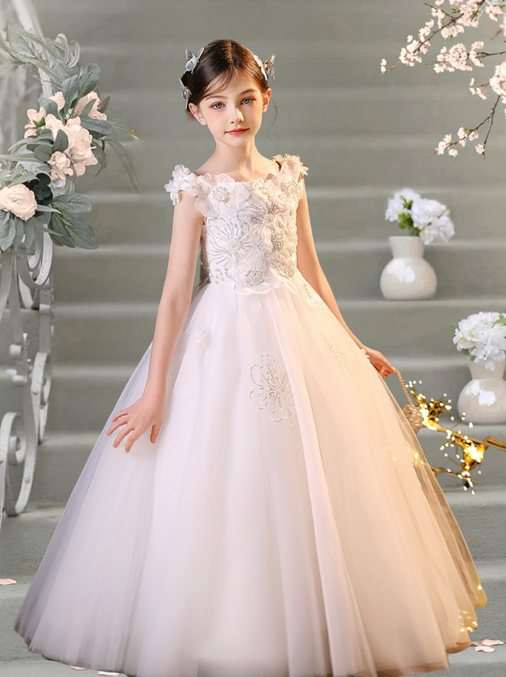 Ball Gown Boat Neck Sleeveless Floor-Length Tulle/Lace/Sequins Flower Girl Dresses With 3D Flower/Appliques Girls Gidiondress