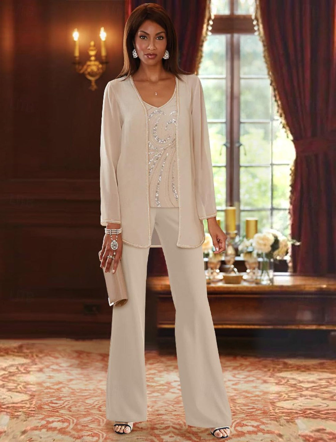 Chiffon V-Neck Floor-Length 3 Pieces Mother Of The Bride Pantsuits With Jacket & Sequins BabaMila