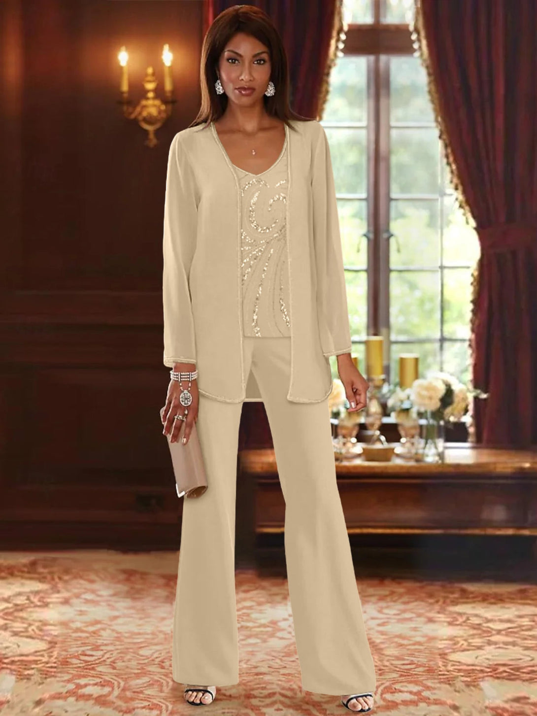 Chiffon V-Neck Floor-Length 3 Pieces Mother Of The Bride Pantsuits With Jacket & Sequins BabaMila