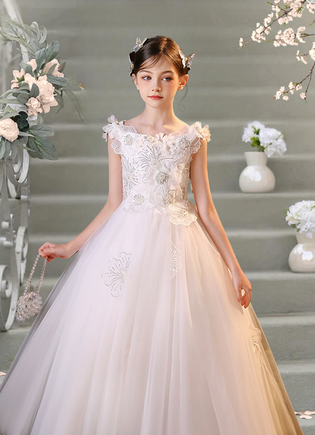 Ball Gown Boat Neck Sleeveless Floor-Length Tulle/Lace/Sequins Flower Girl Dresses With 3D Flower/Appliques Girls Gidiondress as picture 12M
