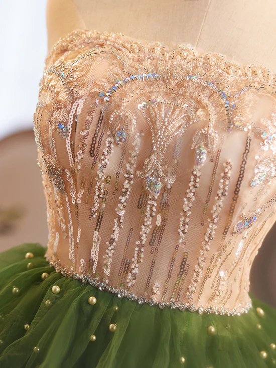 Champagne/Green Tulle Lace Short Prom Dress, Cute Homecoming Dress Homecoming Dress BabaMila