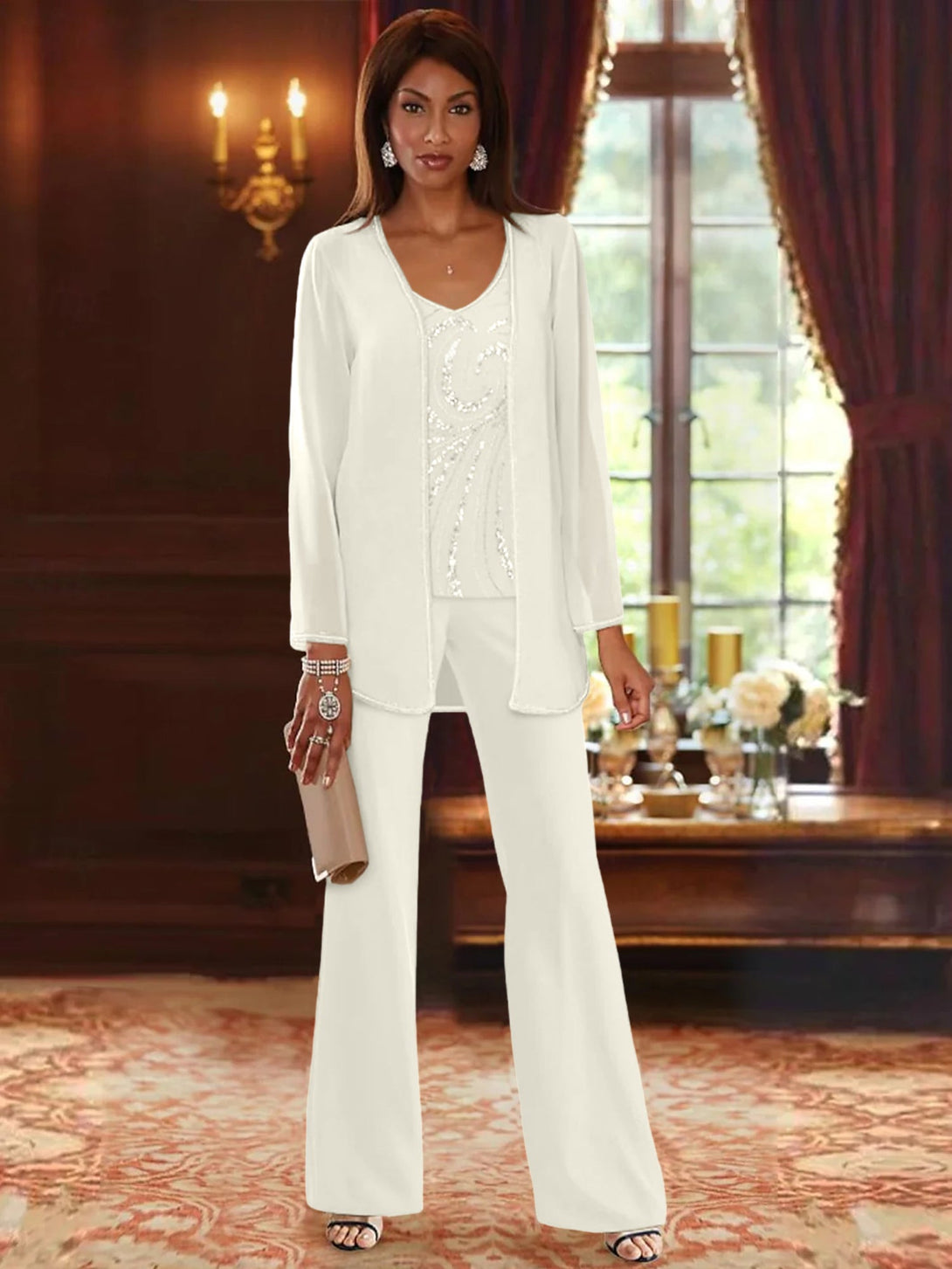 Chiffon V-Neck Floor-Length 3 Pieces Mother Of The Bride Pantsuits With Jacket & Sequins BabaMila