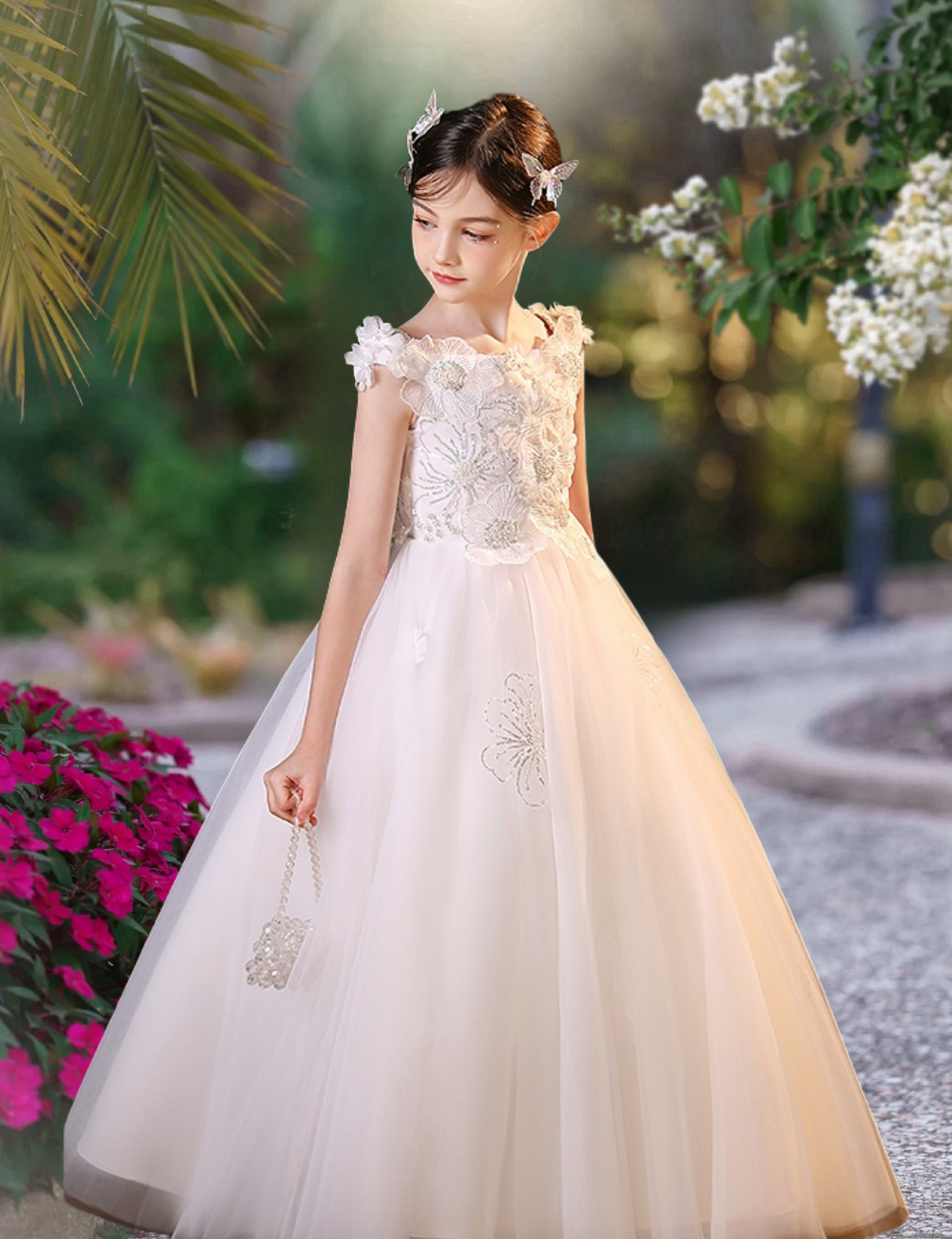 Ball Gown Boat Neck Sleeveless Floor-Length Tulle/Lace/Sequins Flower Girl Dresses With 3D Flower/Appliques Girls Gidiondress