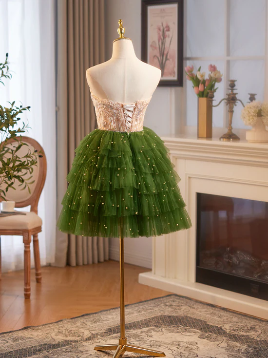 Champagne/Green Tulle Lace Short Prom Dress, Cute Homecoming Dress Homecoming Dress BabaMila