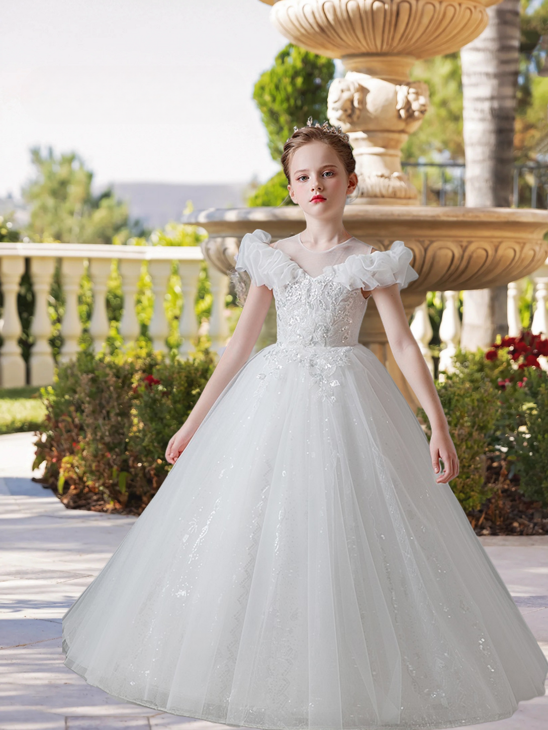 Scoop Neck Flutter Straps Floor-Length Lace/Tulle/Sequins Ball Gown/Princess With Appliques Gidiondress Ivory 12M
