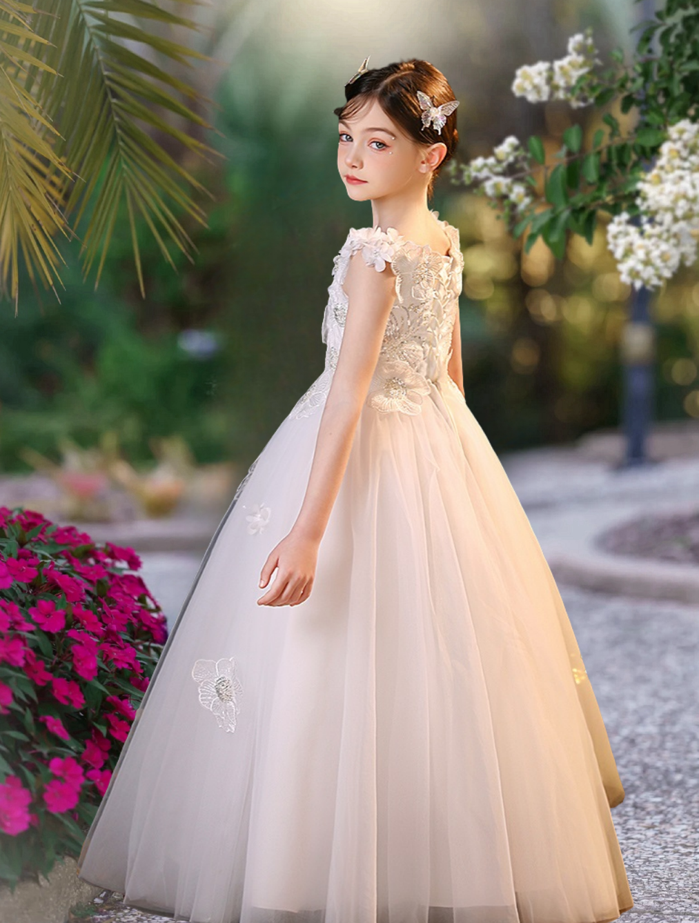 Ball Gown Boat Neck Sleeveless Floor-Length Tulle/Lace/Sequins Flower Girl Dresses With 3D Flower/Appliques Girls Gidiondress