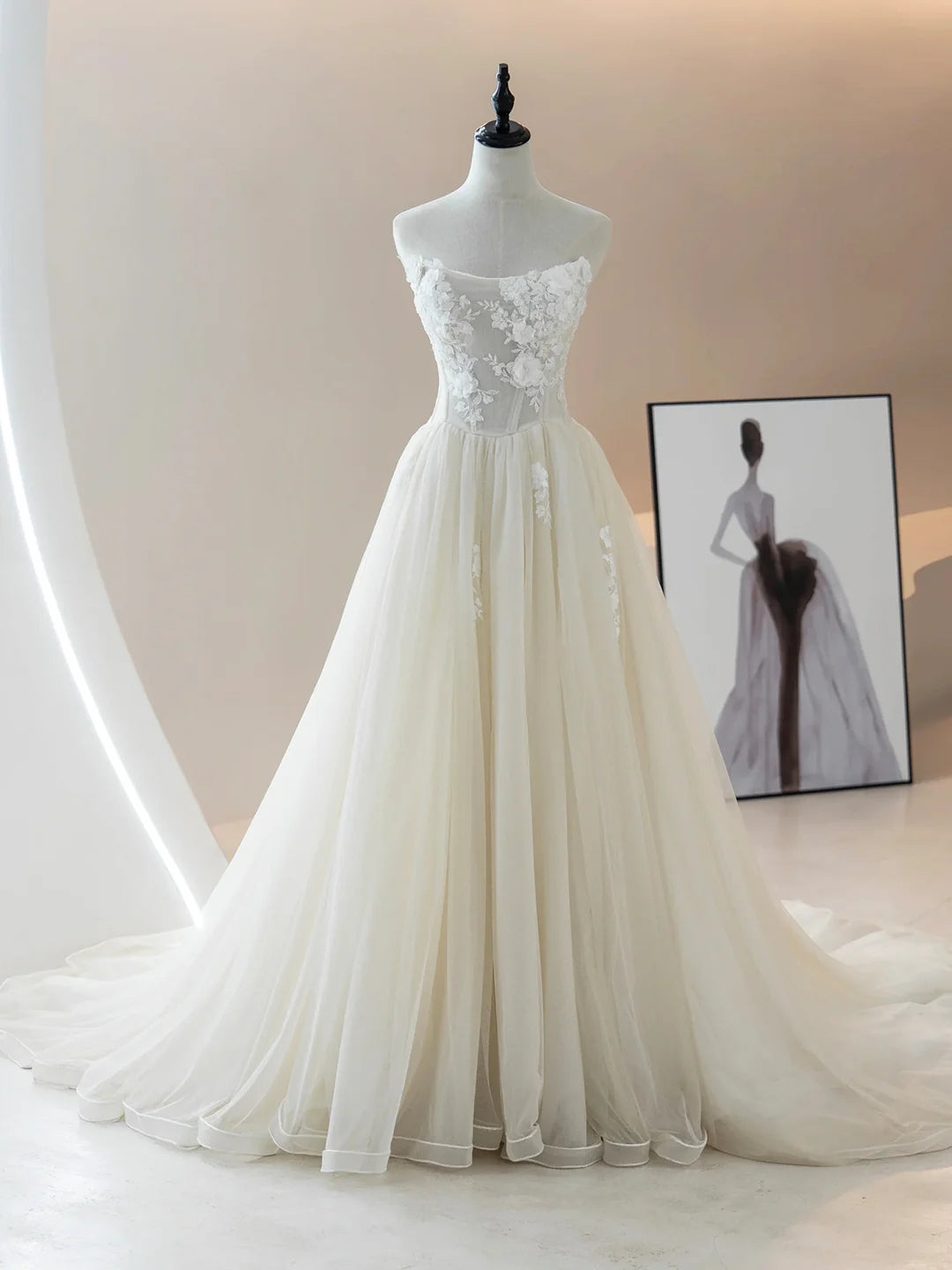 Floral Lace Strapless Wedding Gown With Train BabaMila
