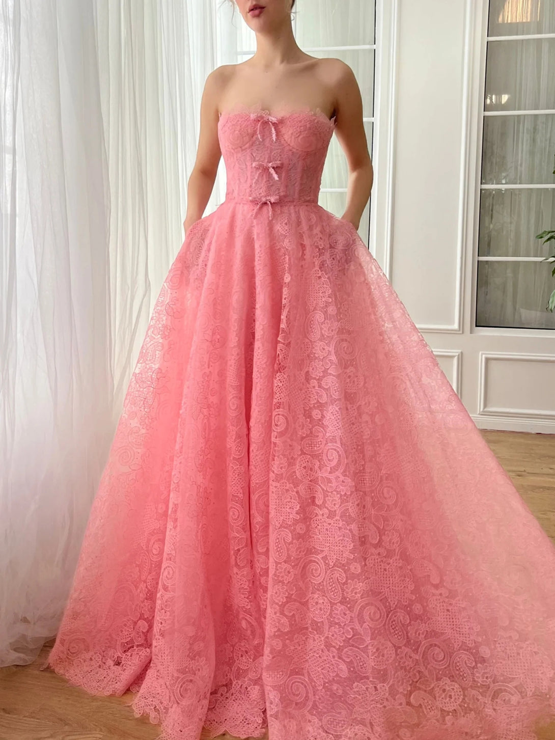 A-Line/Princess Sweetheart Strapless Floor-Length Prom Dress with Bows BabaMila
