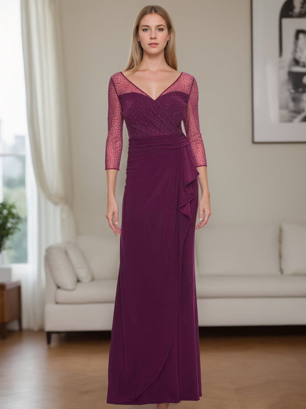Sheath/Column V-Neck 3/4 Length Sleeves Floor-Length Mother Of The Bride Dresses With Rhinestones & Ruched & Ruffles BabaMila