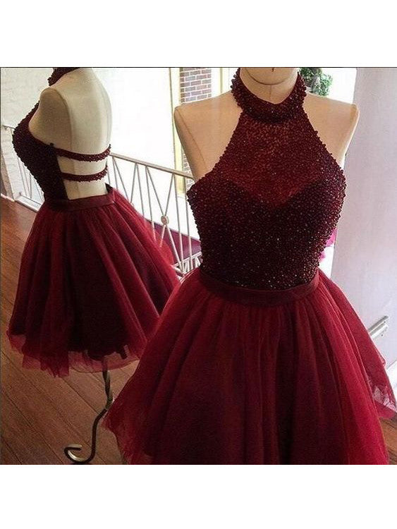 Homecoming Dress Sexy Halter Burgundy Short Prom Dress Party Dress Homecoming Dress BabaMila