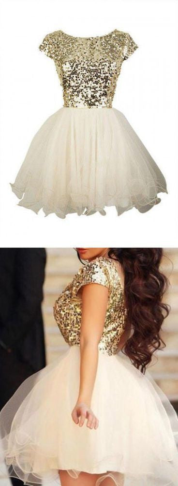 Homecoming Dress Sexy Short Sleeve Gold Short Prom Dress Party Dress Homecoming Dress BabaMila