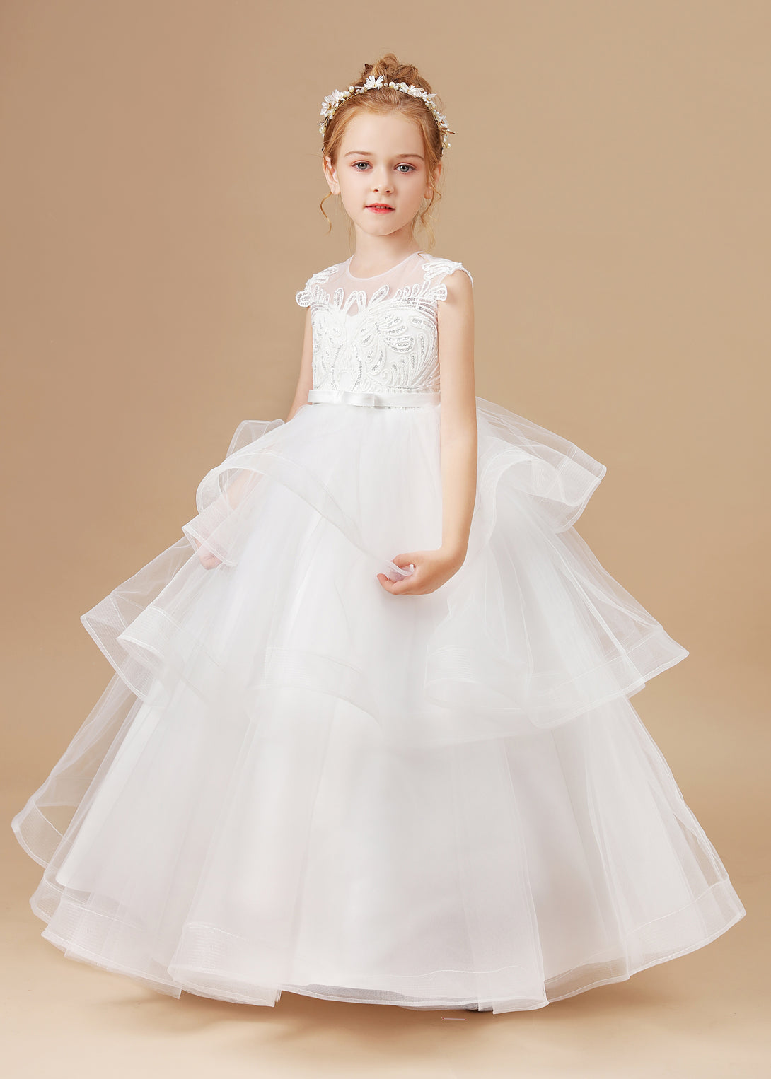 Girl's Cake Dresses Sleeveless Scoop Neck Floor-Length Satin/Lace/Tulle Flower Girl Dresses With Belt/Appliques Girls Gidiondress