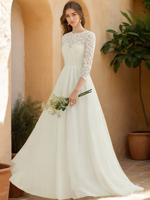 A-Line/Princess Scoop Neck 3/4 Length Sleeves Floor-length Wedding Dress with Appliques BabaMila