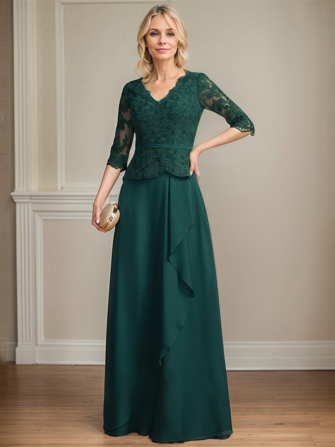 V-Neck 3/4 Sleeve A-Line Floor-Length Lace/Chiffon Mother of the Bride Dress With Appliques/Belt/Cascading Ruffles BabaMila