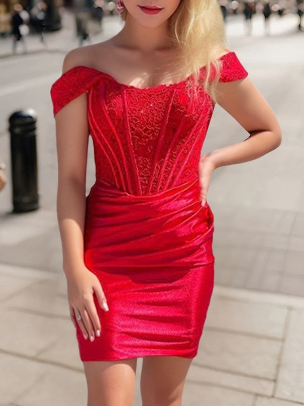 Sheath/Column Off-the-Shoulder Sleeveless Short/Mini Party Dance Cocktail Homecoming Dress With Appliques/Pleats BabaMila