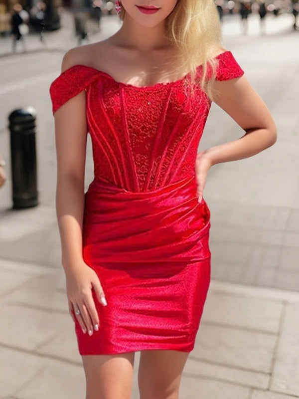 Sheath/Column Off-the-Shoulder Sleeveless Short/Mini Party Dance Cocktail Homecoming Dress With Appliques/Pleats BabaMila