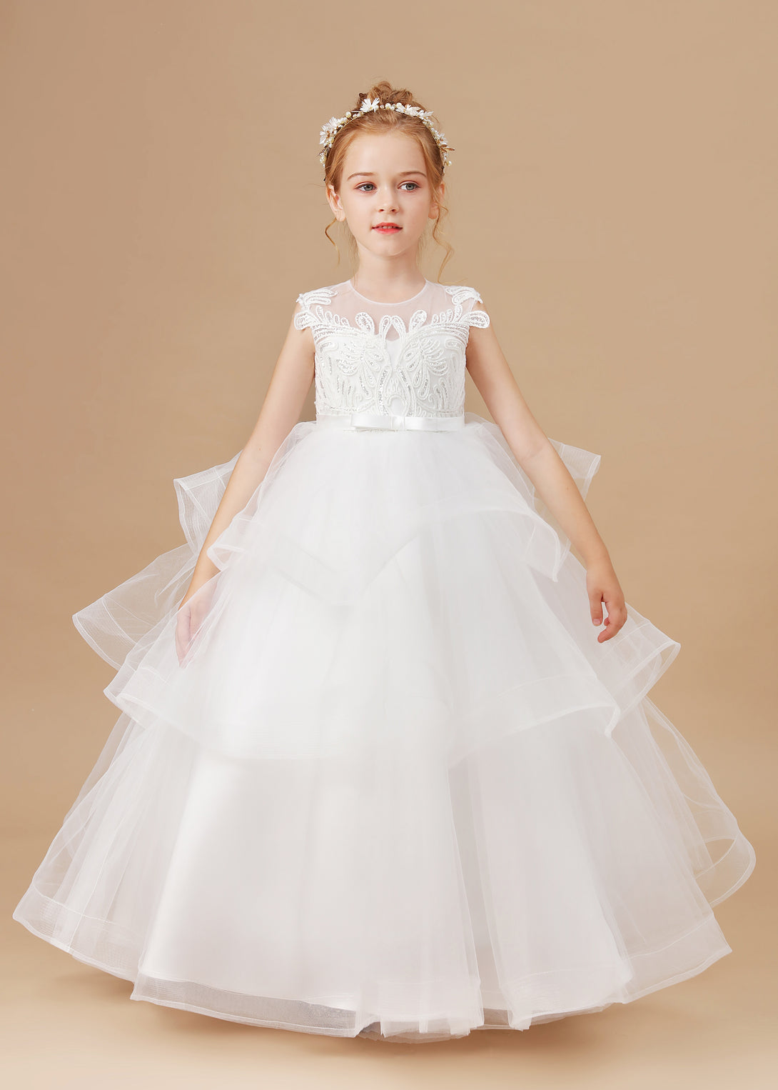 Girl's Cake Dresses Sleeveless Scoop Neck Floor-Length Satin/Lace/Tulle Flower Girl Dresses With Belt/Appliques Girls Gidiondress