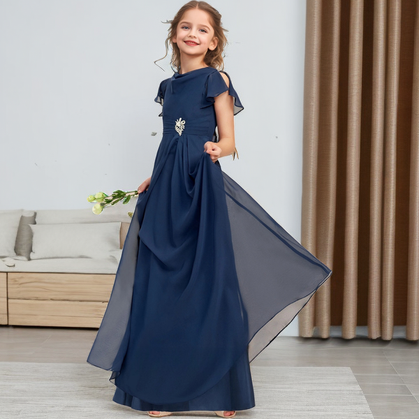 Cowl Flutter Straps Floor-Length Chiffon Junior Bridesmaid Dress/Girls Birthday Dresses With Pleated/Beads Girls Gidiondress as picture 12M