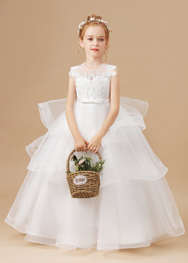 Girl's Cake Dresses Sleeveless Scoop Neck Floor-Length Satin/Lace/Tulle Flower Girl Dresses With Belt/Appliques Girls Gidiondress
