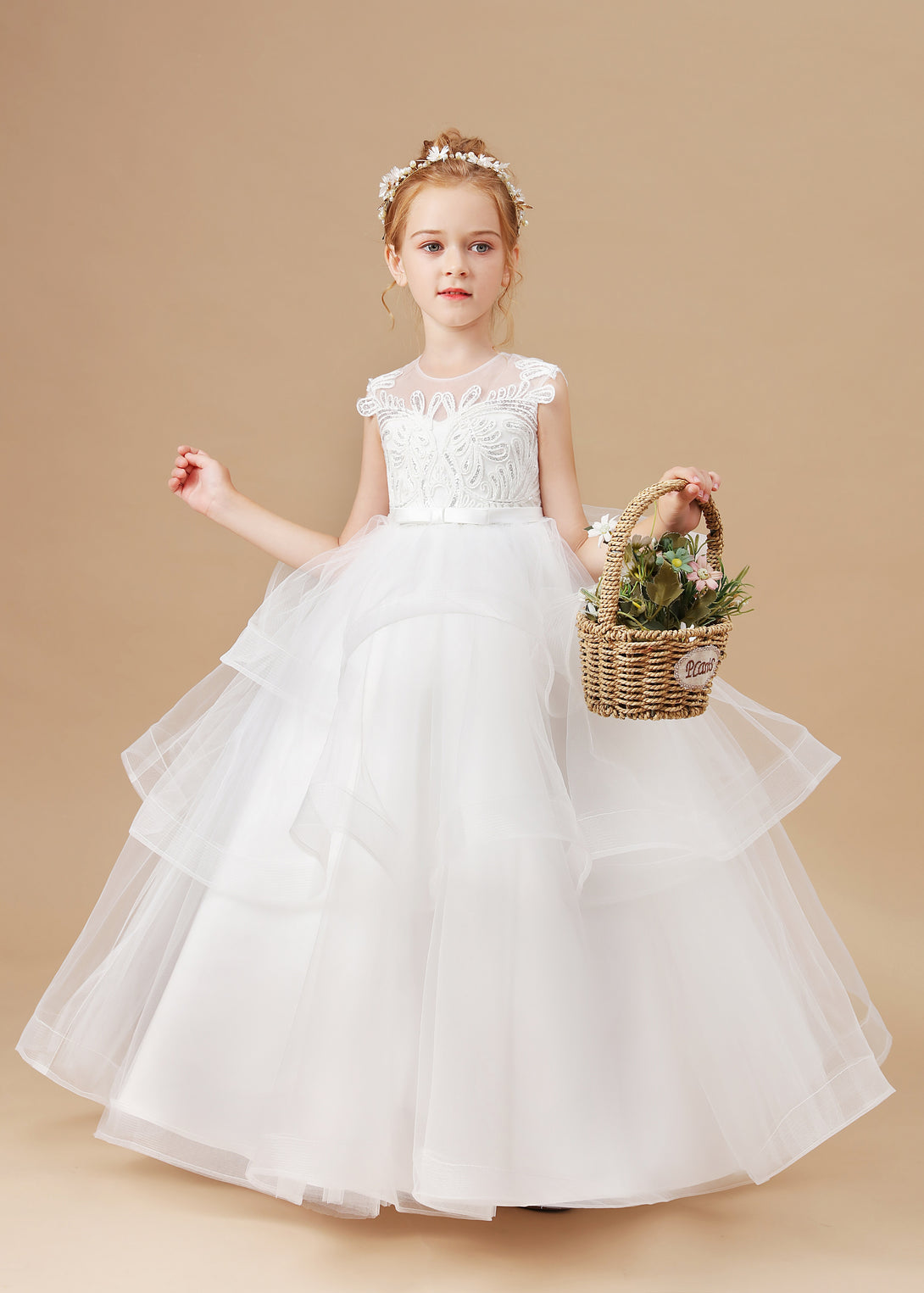Girl's Cake Dresses Sleeveless Scoop Neck Floor-Length Satin/Lace/Tulle Flower Girl Dresses With Belt/Appliques Girls Gidiondress Ivory 12M