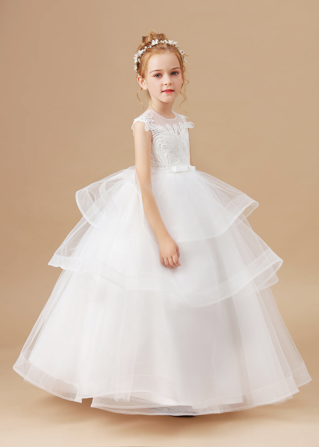 Girl's Cake Dresses Sleeveless Scoop Neck Floor-Length Satin/Lace/Tulle Flower Girl Dresses With Belt/Appliques Girls Gidiondress