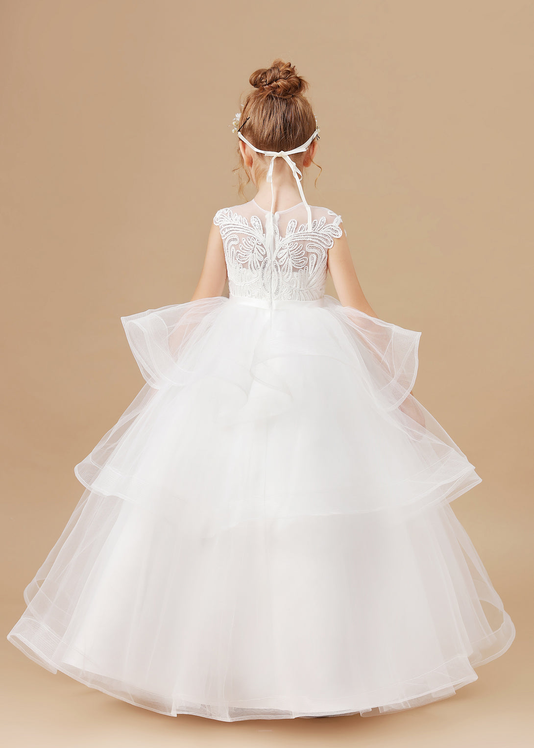 Girl's Cake Dresses Sleeveless Scoop Neck Floor-Length Satin/Lace/Tulle Flower Girl Dresses With Belt/Appliques Girls Gidiondress