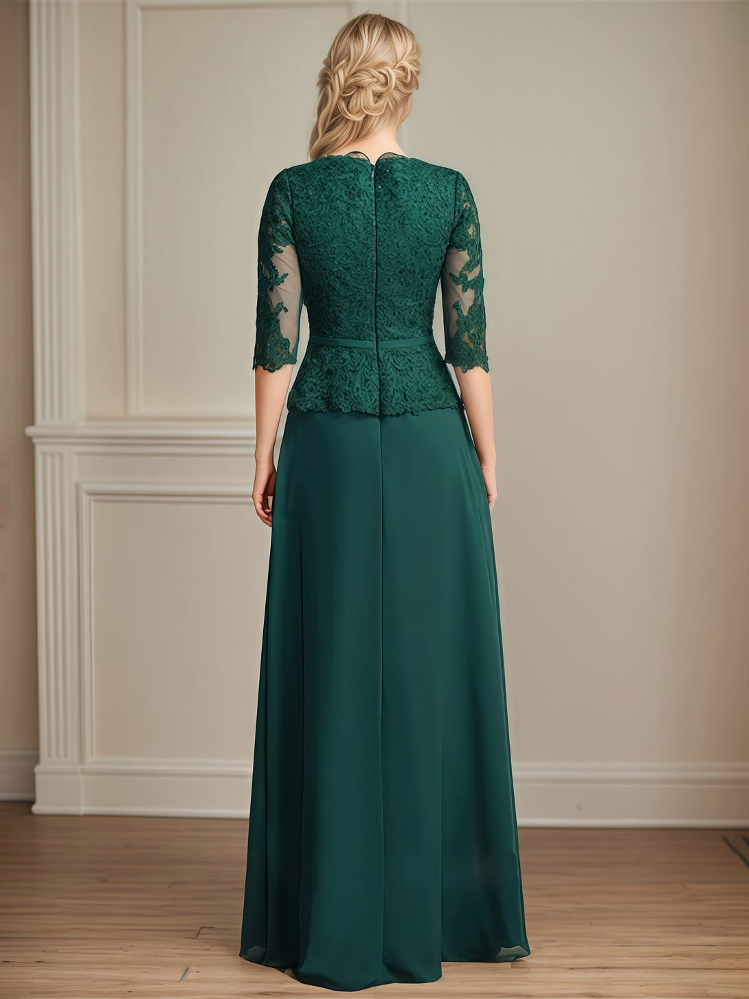 V-Neck 3/4 Sleeve A-Line Floor-Length Lace/Chiffon Mother of the Bride Dress With Appliques/Belt/Cascading Ruffles BabaMila